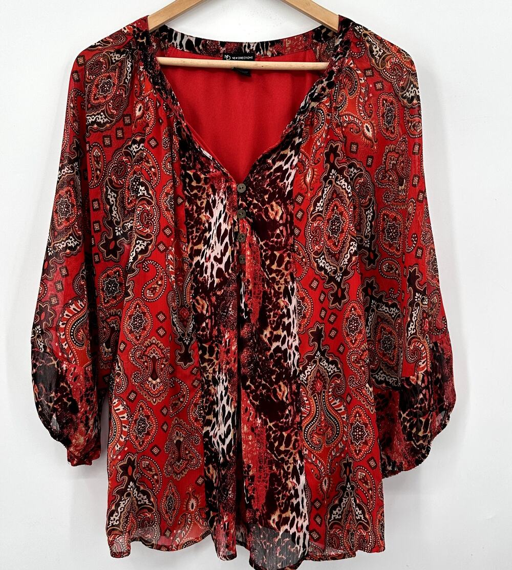 New Directions Peasant Baby Doll Blouse Womens Size Large Red Black Sheer Sleeve